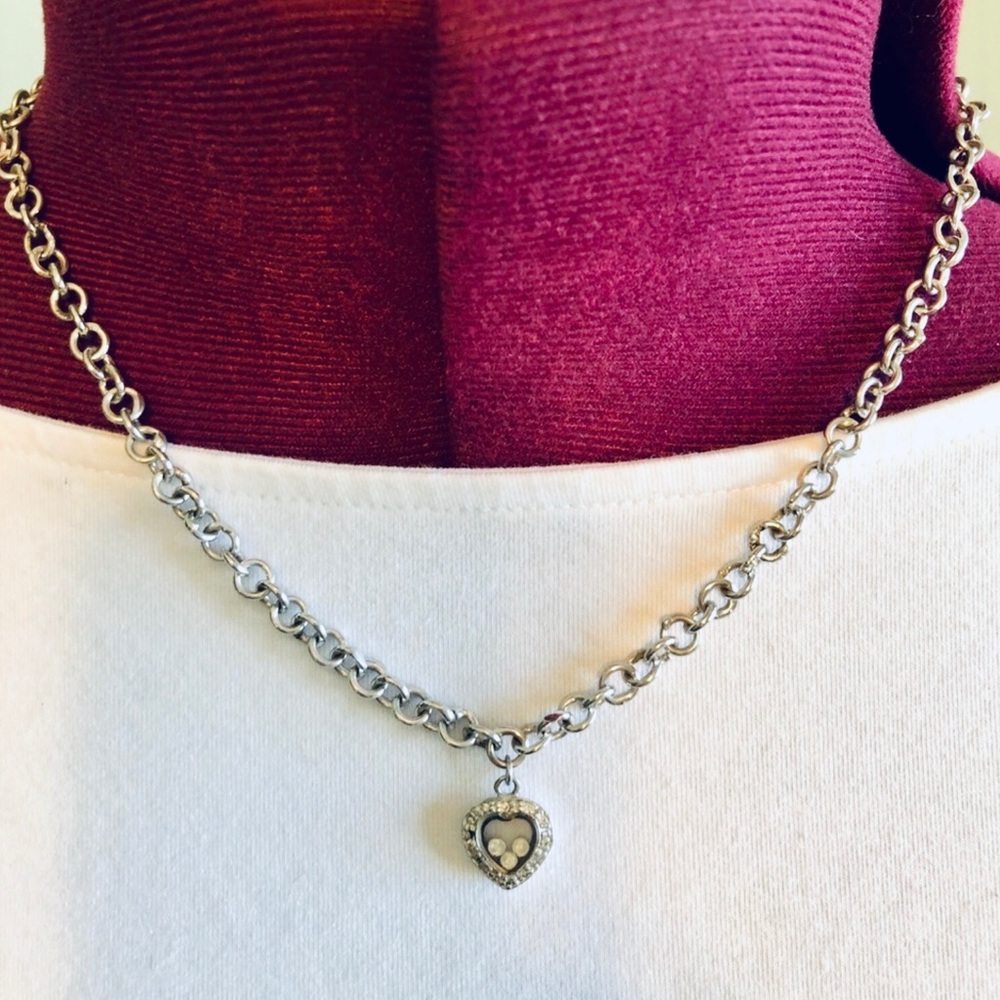 Silver toned heart necklace with crystal beads on the interior of glass chain - Picture 5 of 11